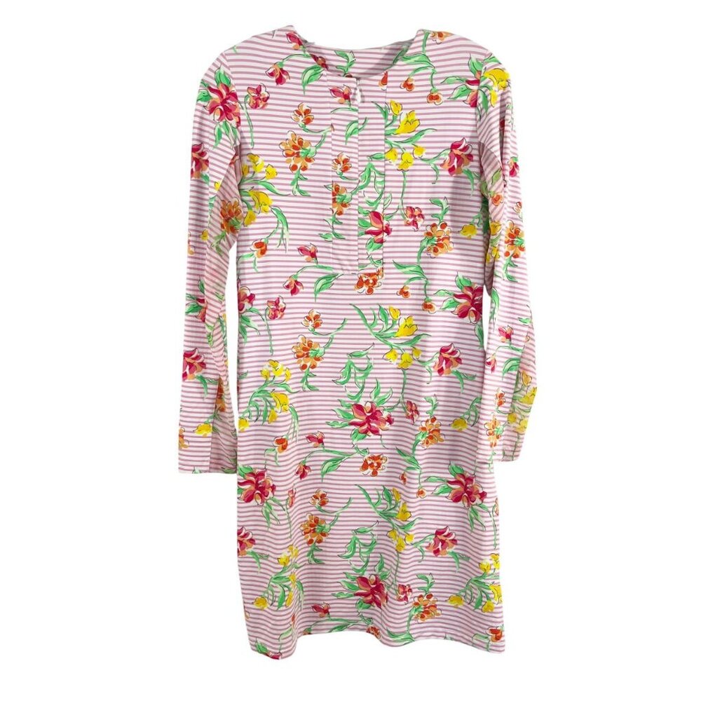 Ibkul Pink Striped Floral‎ Print Long Sleeve Sun Dress Zip Neckline Size XS